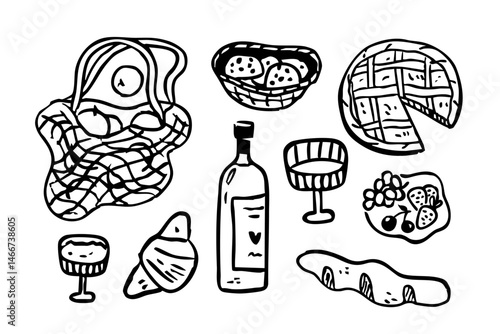 Set of objects for picnic in retro doode style. Whimsical vector illustration of food, pastry, wine and fruits.