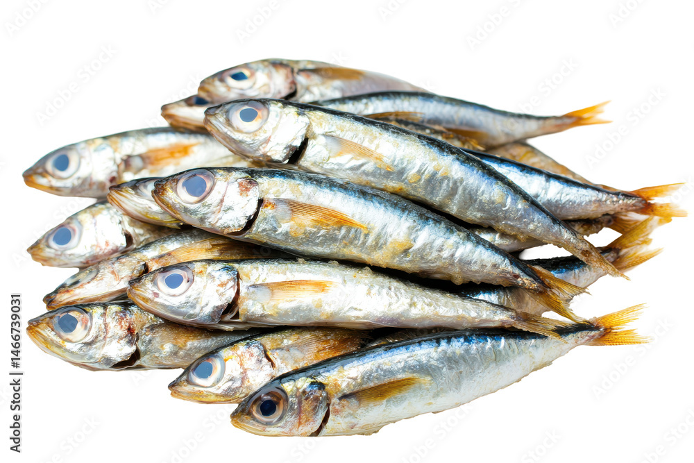 A gleaming shoal of sardines silver scales catching light against white backdrop A gleaming shoal of sardines silver scales catching light against white backdrop