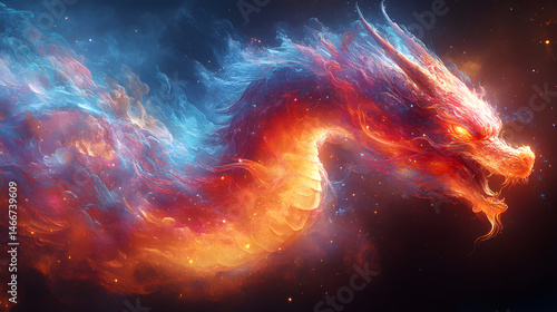 Color explosion of digital paint forming a dragon in pixelated form