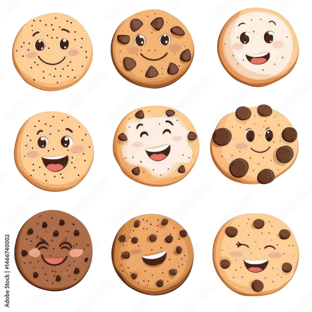 Charming cartoon cookies with happy faces, featuring various designs and flavors, perfect for delightful treat Charming cartoon cookies with happy faces, featuring various designs and flavors, perfect for delightful treat