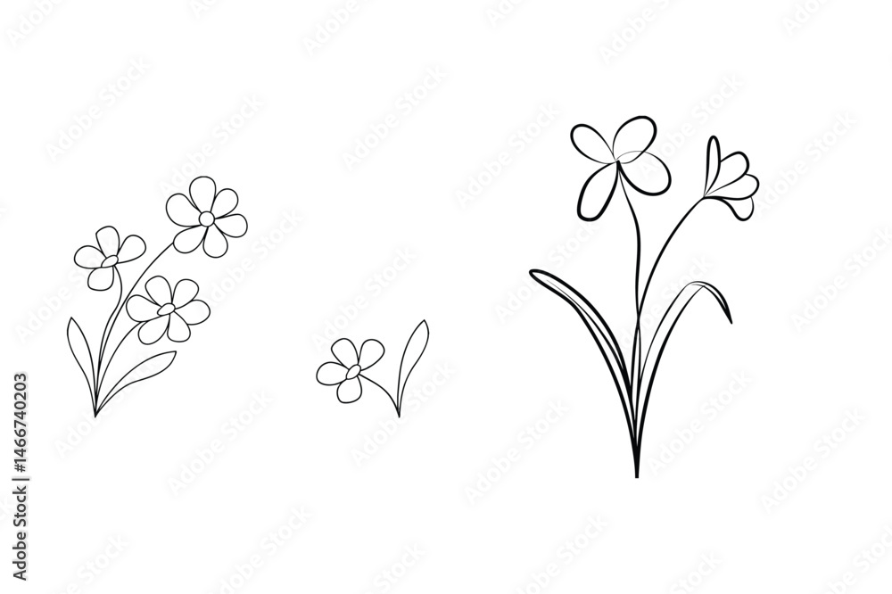 Simple hand drawn floral illustrations in black line art style representing nature's beauty and elegance Simple hand drawn floral illustrations in black line art style representing nature's beauty and elegance