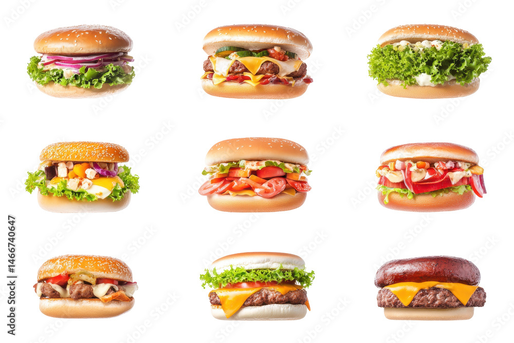 A mouthwatering grid of burgers against a stark white backdrop showcasing diverse fillings A mouthwatering grid of burgers against a stark white backdrop showcasing diverse fillings