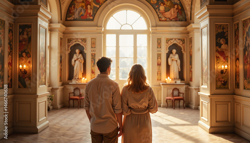 Wallpaper Mural Couple admiring temple interior with bright sunlight, spiritual essence Torontodigital.ca