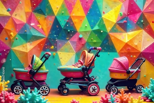 Bold strollers in vibrant colors form a playful geometric pattern , texture, parenthood, basket