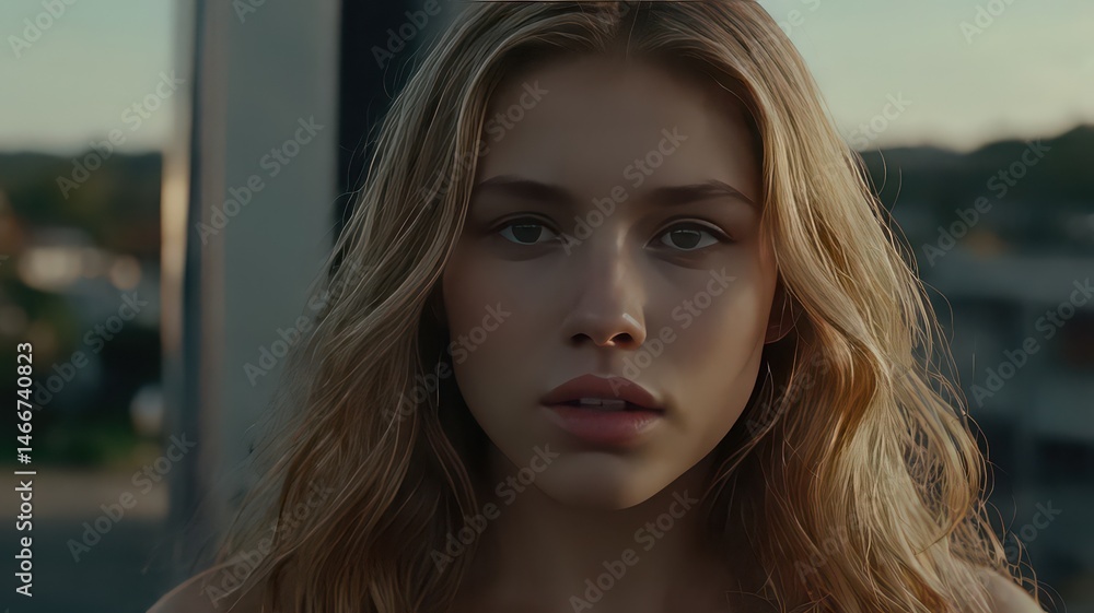 Close up portrait of a woman with blonde hair looking directly at the camera with a serious expression Close up portrait of a woman with blonde hair looking directly at the camera with a serious expression