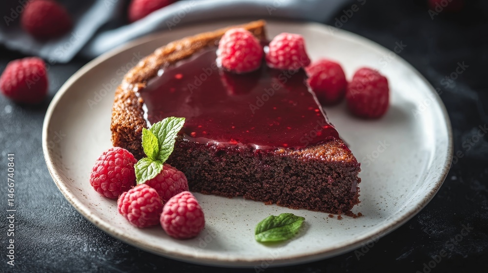 Slice of Delicious Chocolate Raspberry Cake with Raspberry Coulis on White Plate, Food Photography Slice of Delicious Chocolate Raspberry Cake with Raspberry Coulis on White Plate, Food Photography