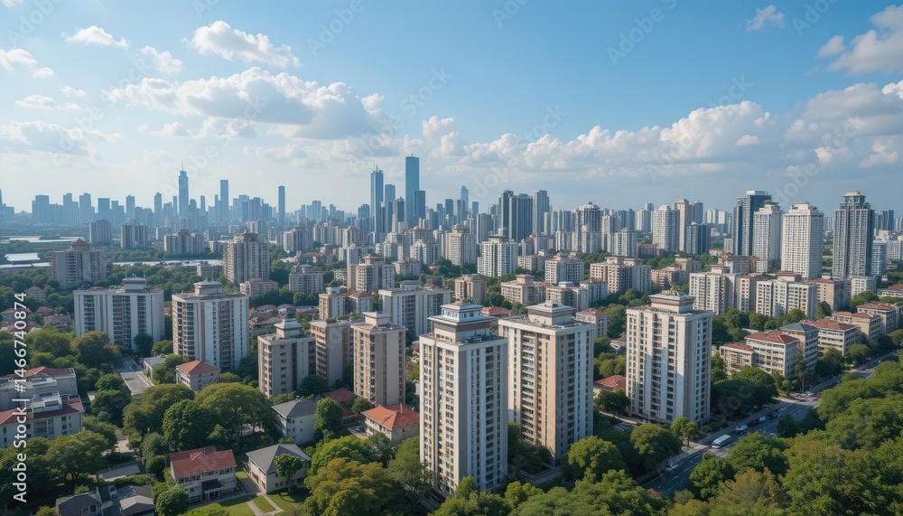 Fototapeta premium Aerial View of a Modern Cityscape under a Partly Cloudy Sky