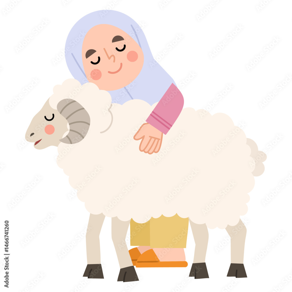 Illustration of Hijab Girl with a Sheep Illustration of Hijab Girl with a Sheep