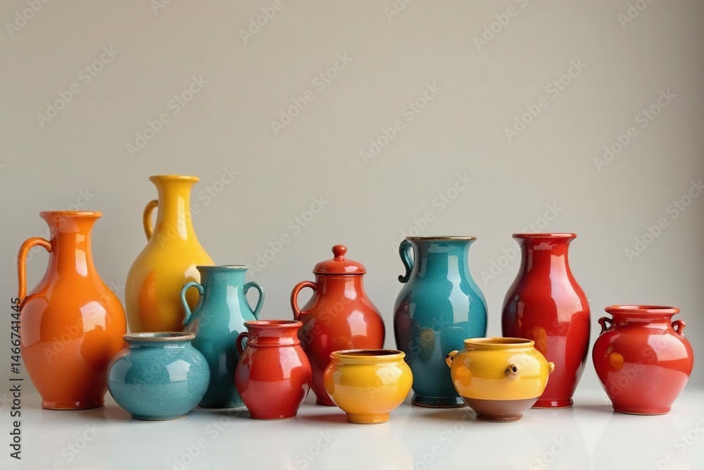 Colorful ceramic pottery collection, studio setting, studio shot, decoration, still life Colorful ceramic pottery collection, studio setting, studio shot, decoration, still life