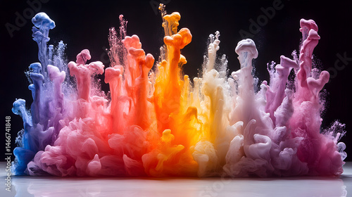 Colorful ink splashes arranged artistically on a white background