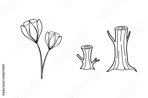 Hand drawn vector illustration of flowers and tree stumps created with black outline for design.