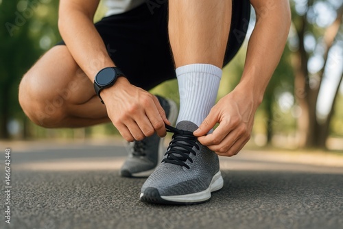 A person tying their running shoes before heading out for a jog or workout, showcasing a preparation for physical activity