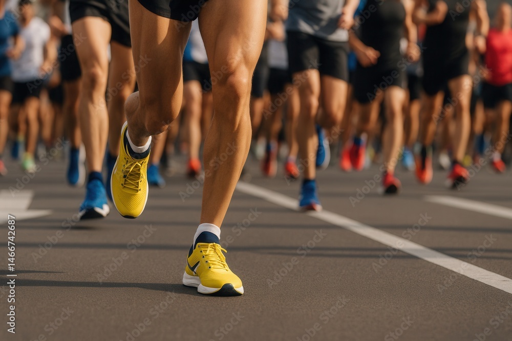 Runners participating in a race, with a focus on bright yellow running shoes, highlighting an energetic and competitive atmosphere Runners participating in a race, with a focus on bright yellow running shoes, highlighting an energetic and competitive atmosphere