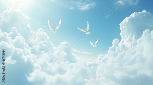 Fototapeta Naklejka Na Ścianę i Meble -  Three white doves flying in bright blue sky with fluffy clouds aerial view freedom concept