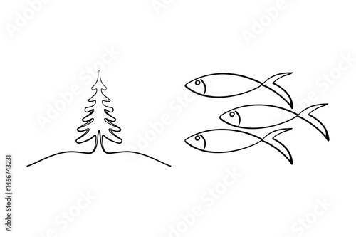 Minimalist black and white line art illustration featuring a christmas tree and swimming fish