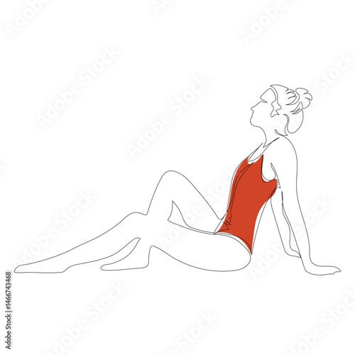 One line drawing woman in swimsuit sitting on the beach. Modern minimalism art, aesthetic contour. Abstract girl silhouette, minimalist style. Female line vector illustration.