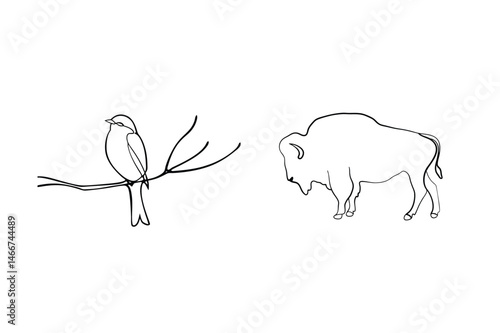 Minimalist vector illustration of a bird perched on a branch and an american bison depicted in line art