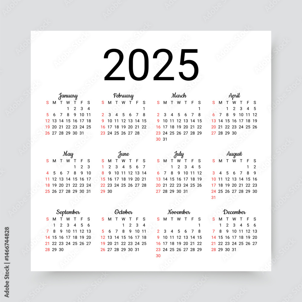 Calendar 2025. Yearly calender grid. Organizer template with 12 months. Week starts Sunday. Calendar layout in square simple design. Planner in English. Vector illustration. Calendar 2025. Yearly calender grid. Organizer template with 12 months. Week starts Sunday. Calendar layout in square simple design. Planner in English. Vector illustration.