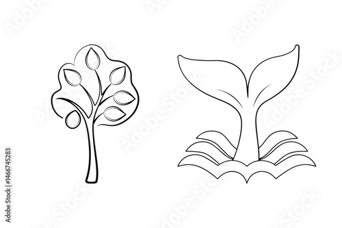 Black and white outline illustrations of a tree with leaves and a whale tail in the water.