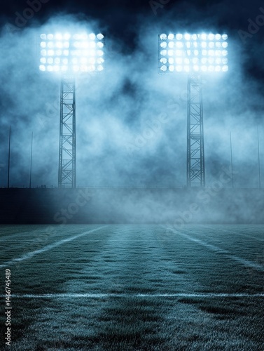 Stadium Lights Illuminate Foggy Football Field at Night Low Angle Shot Dramatic Lighting