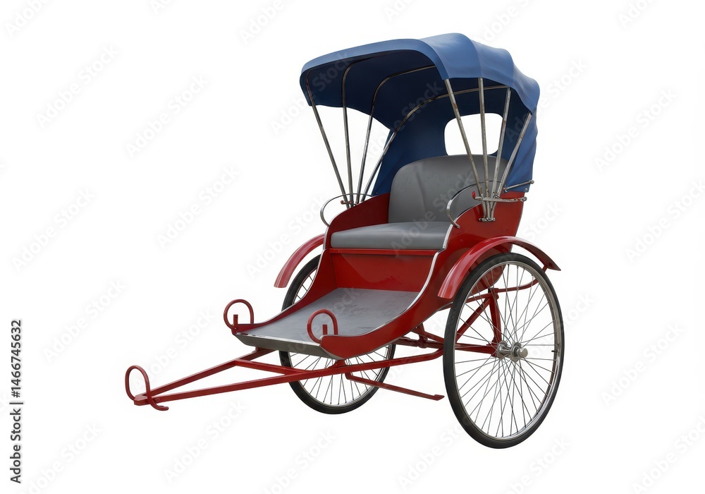Fototapeta premium Red and blue rickshaw with three wheels isolated on white background