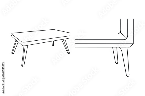 Minimalist outline illustration of a modern coffee table and sectional detail on white background