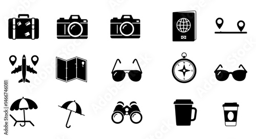 Travel Essentials: A visually appealing array of travel icons including suitcase, camera, passport, map, airplane, sunglasses, compass, umbrella, binoculars, and coffee.