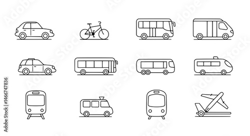 Variety of Transportation Options: A collection of stylized line art illustrations showcasing various modes of transport, each meticulously designed.