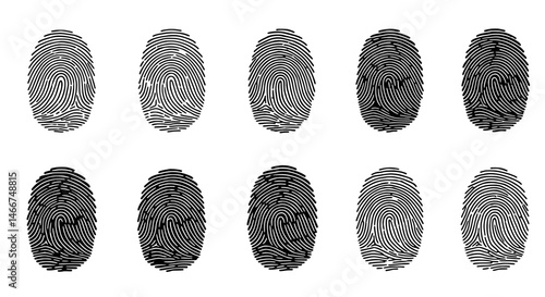 Fingerprint Pattern Array: A detailed visual display of ten individual fingerprints, each showcasing unique and intricate ridge patterns, symbolizing identity and forensic science.