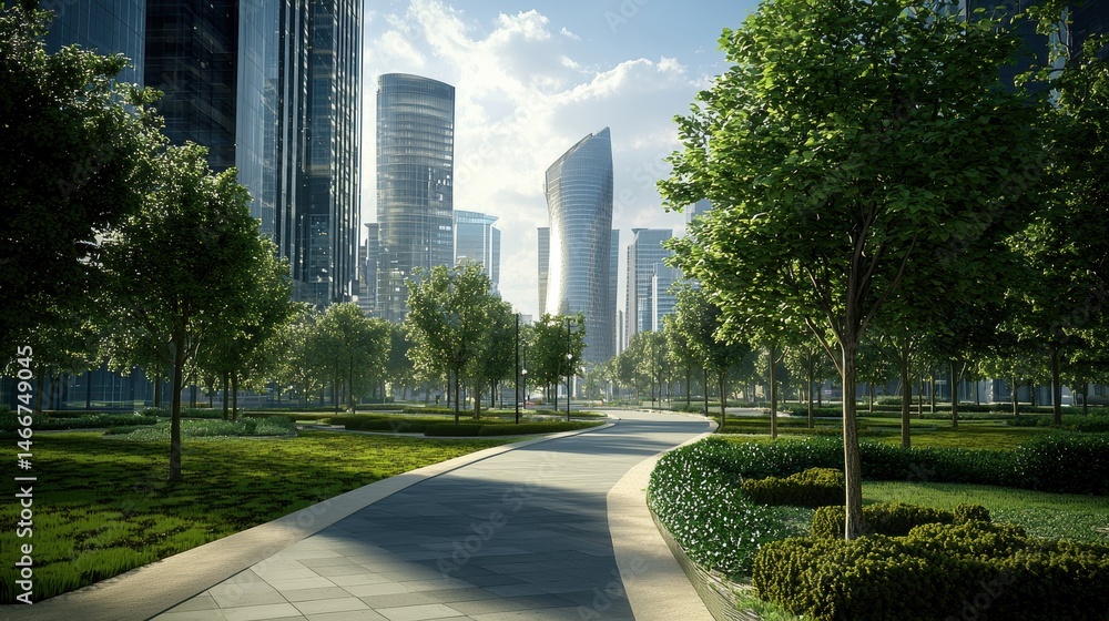 Modern city park amidst towering skyscrapers. Modern city park amidst towering skyscrapers.