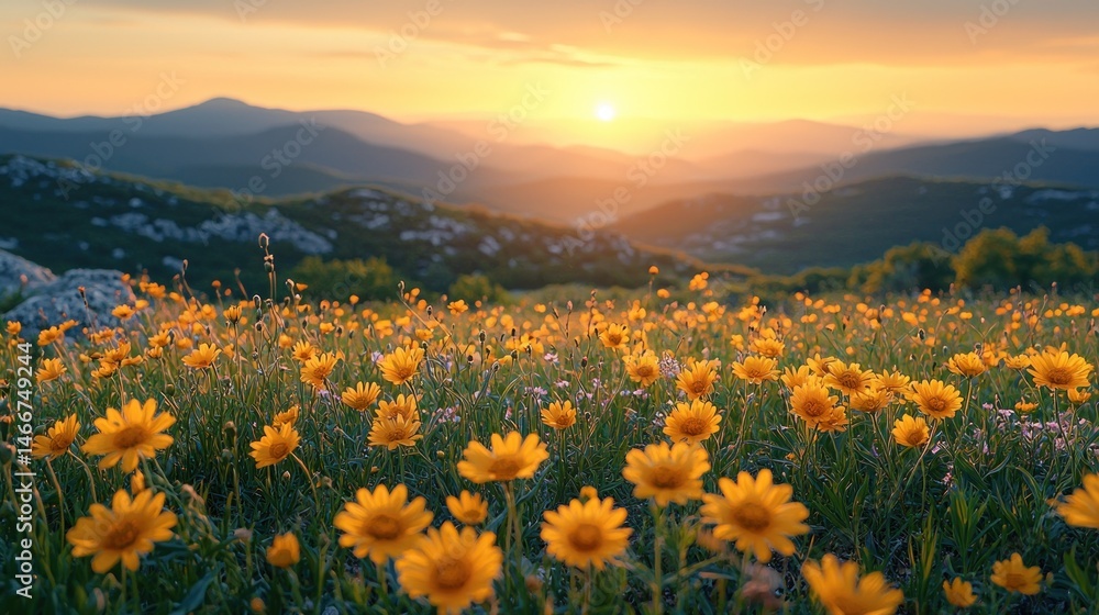 Fototapeta premium Golden sunset over mountain meadow. Vibrant yellow wildflowers blanket a hillside at golden hour, with distant mountains and a setting sun