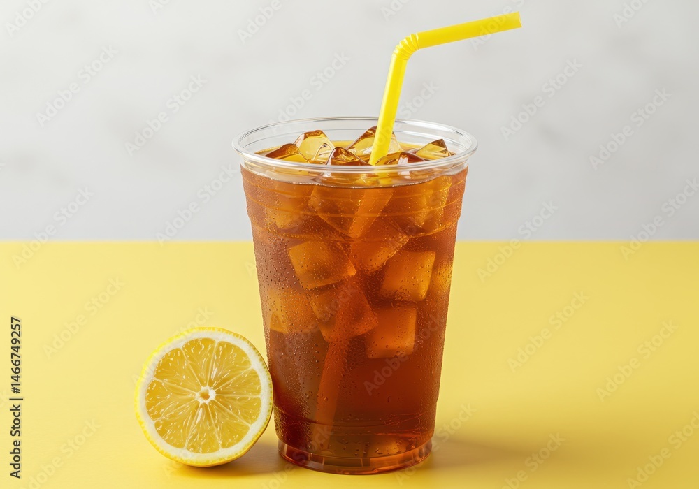 Iced tea in a plastic cup with a yellow straw and lemon half on a yellow and white background Iced tea in a plastic cup with a yellow straw and lemon half on a yellow and white background