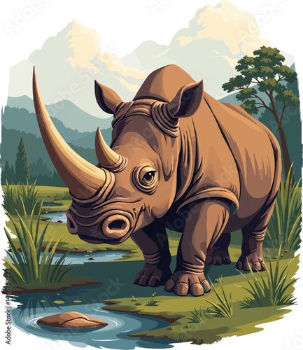 an illustration of a rhino in the wild