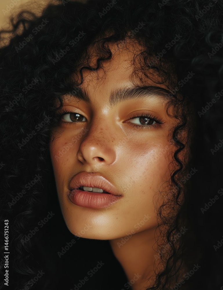 Embracing natural beauty with radiant skin and stunning curls in soft lighting Embracing natural beauty with radiant skin and stunning curls in soft lighting