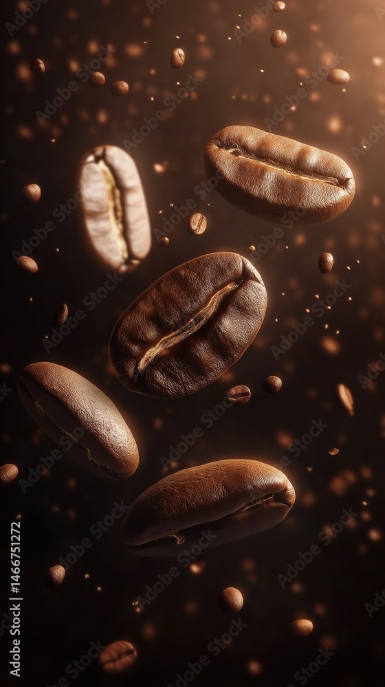 Floating coffee beans dance in warm light, portraying the rich essence of a serene morning coffee ritual Floating coffee beans dance in warm light, portraying the rich essence of a serene morning coffee ritual