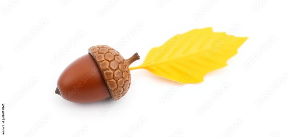 Single, glossy brown acorn on pure white background, woodland, organic Single, glossy brown acorn on pure white background, woodland, organic