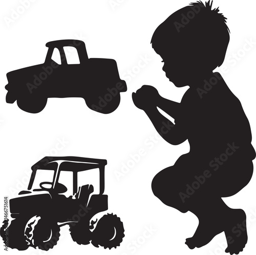 Silhouette of a Child Playing with Toy Trucks and a Tractor: Vector Illustration of Childhood, Imagination, and Playtime Fun for Kids