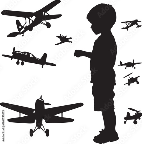 Silhouette of a Boy Dreaming of Airplanes: Child Imagining Flight with Vintage Biplanes, Aviation, and Childhood Wonder in Black and White Art
