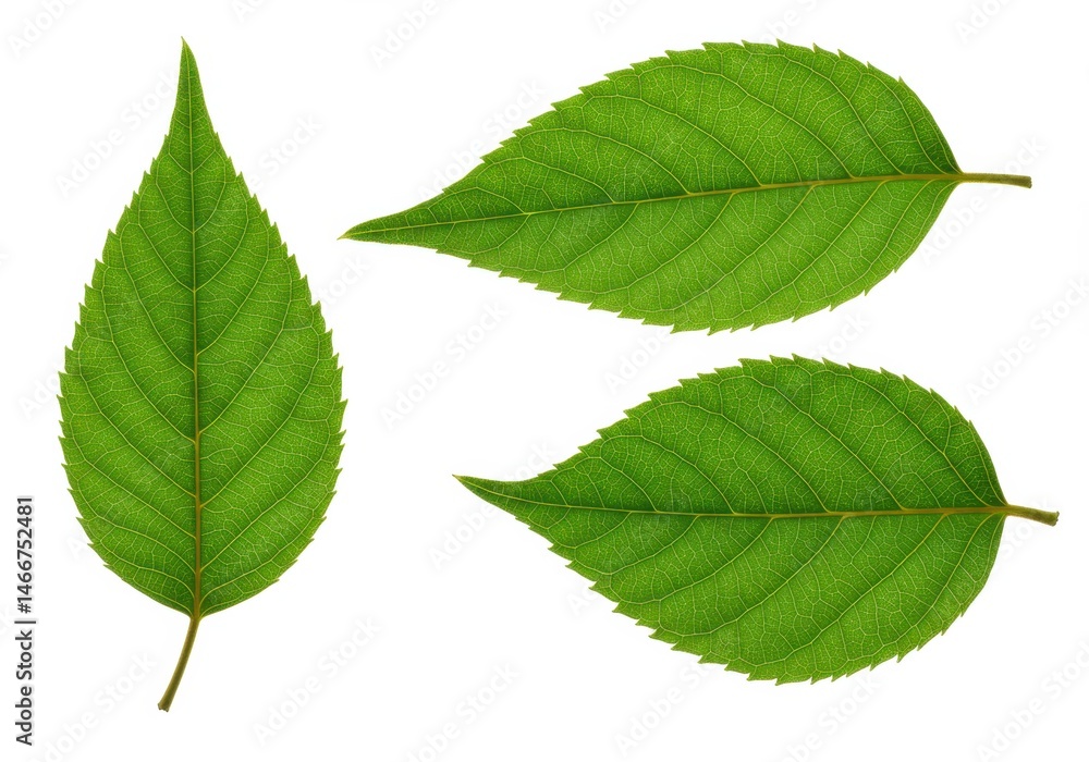 Three green leaves with detailed veins are isolated on a white background, showcasing their natural textures Three green leaves with detailed veins are isolated on a white background, showcasing their natural textures