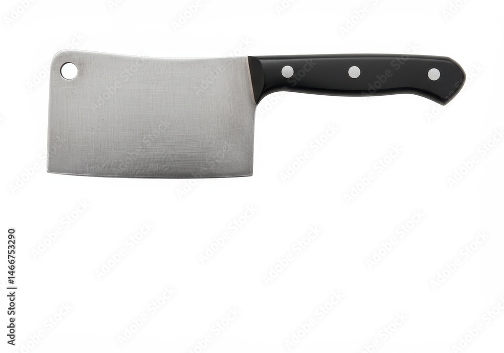 A sharp meat cleaver with a black handle is isolated against a stark white background, ready for use. A sharp meat cleaver with a black handle is isolated against a stark white background, ready for use.