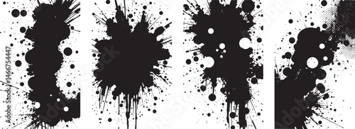 Abstract black ink splatter artwork on a white background, divided into four cohesive panels. A display of modern minimalism and expressive art for any contemporary interior space or creative 