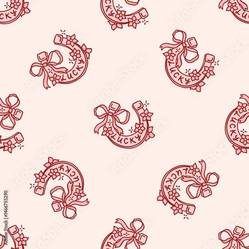 Seamless pattern of horseshoe with coquette bow ribbon and flowers. Lucky charm and symbol. Magic protection talisman for good luck and success. Whimsical trendy background. Vintage illustration