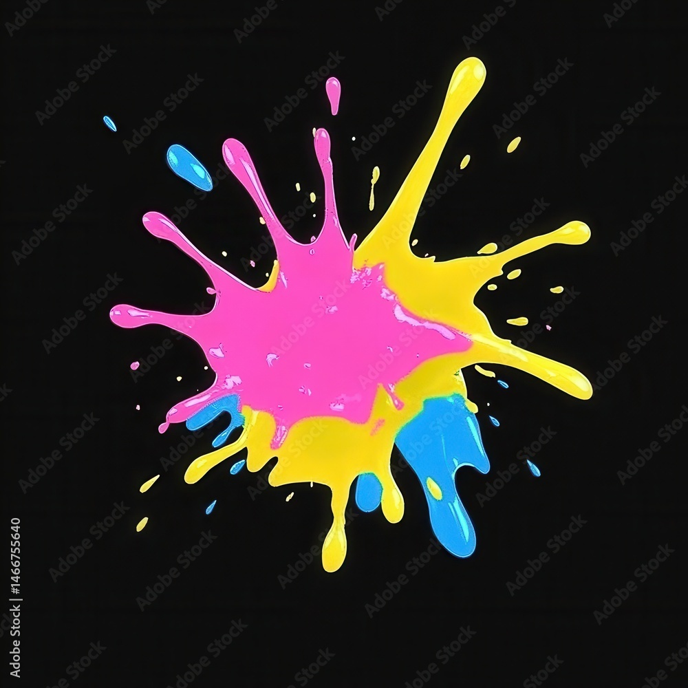Vibrant color splatter explosion on black background. Pink, yellow, and blue paint splatters radiate outward, creating a dynamic and artistic effect Vibrant color splatter explosion on black background. Pink, yellow, and blue paint splatters radiate outward, creating a dynamic and artistic effect
