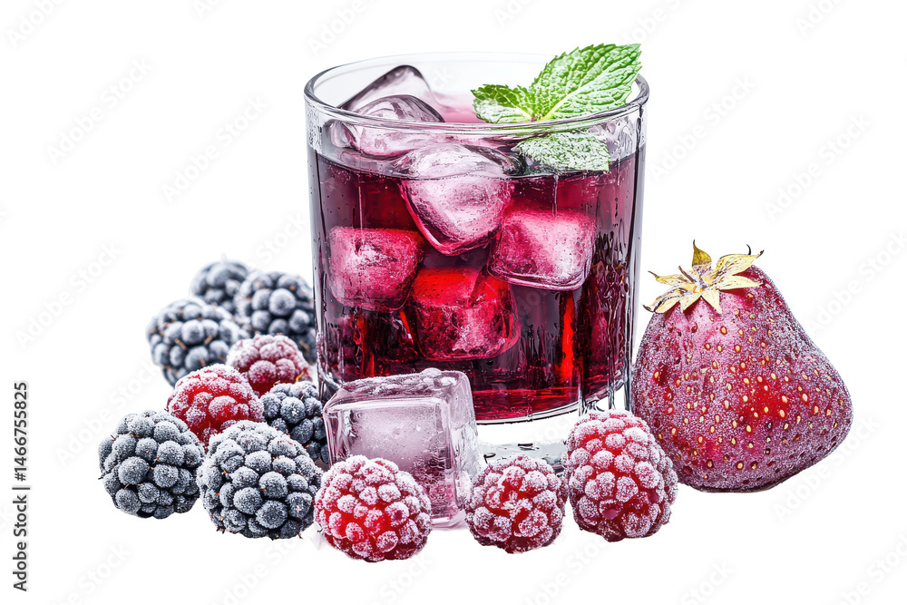 Chilled berry drink with mint nestled among frosted blackberries raspberries a strawberry against a stark white backdrop Chilled berry drink with mint nestled among frosted blackberries raspberries a strawberry against a stark white backdrop