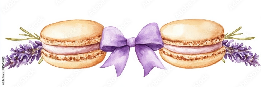 Macaron Drawing. Hand-drawn Watercolor French Macaron Cakes with Lavender Flowers and Waffle