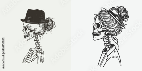 Female Skeleton with Messy Bun Top Hat. girl bun Outline Clipart ink line art doodle vector illustration. Lady bone structure untidy chignon wearing formal headgear halloween theme.