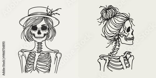 Female Skeleton with Messy Bun Top Hat. girl bun Outline Clipart ink line art doodle vector illustration. Lady skull figure having untidy chignon wearing formal headgear decoration.