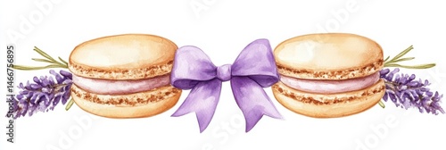 Obraz na płótnie Macaron Drawing. Hand-drawn Watercolor French Macaron Cakes with Lavender Flowers and Waffle w salonie