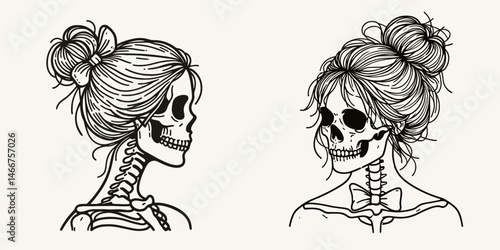 Female Skeleton with Messy Bun Bow Tie. girl bun Outline Clipart ink line art doodle vector illustration. Woman skull form sporting disheveled hairdo neckwear spooky halloween theme.