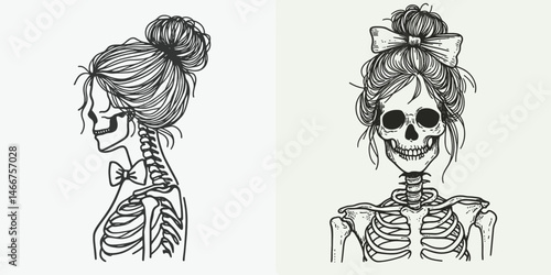Female Skeleton with Messy Bun Bow Tie. girl bun Outline Clipart ink line art doodle vector illustration. Woman bony figure in disarrayed hairdo adorning neckwear chic anatomy.
